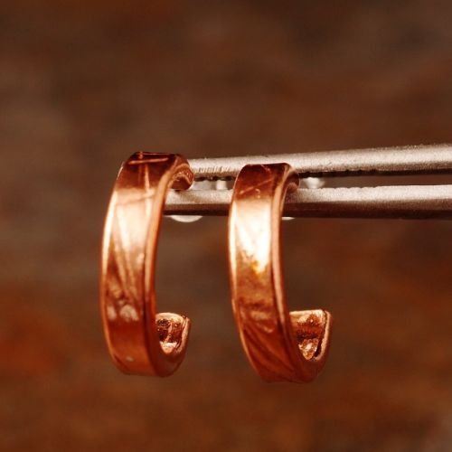 Handcrafted textured copper wire huggie hoops with sterling silver earposts 