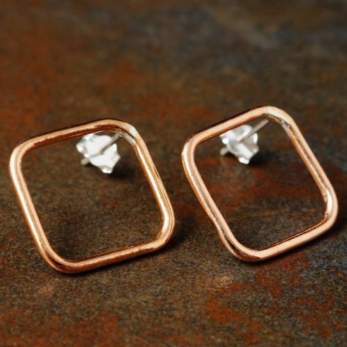 Handcrafted diamond recycled copper wire studs with sterling silver earposts and scrolls