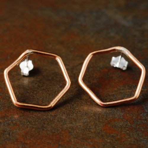 Handcrafted hexagonal recycled copper wire studs with sterling silver earposts and scrolls