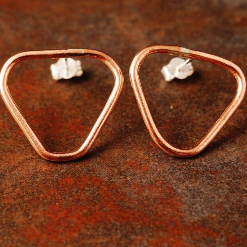 Handcrafted reverse triangular recycled copper wire studs with sterling silver earposts and scrolls