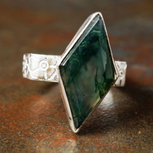 Handcrafted Diamond Moss Agate Sterling Silver Bezel Set Hexagonal Stamped Ring 01