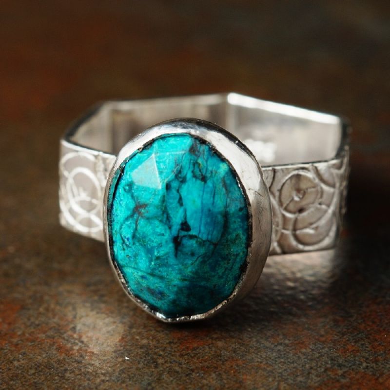 Handcrafted Oval Azurite Shattuckite Bezel Set Stamped Sterling Silver Hexagonal Ring 02