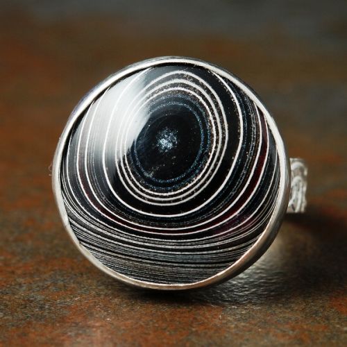 Handcrafted recycled SS Bezel set round Fordite Ring 02