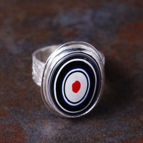 Handcrafted recycled SS Bezel set Oval Fordite Ring 02
