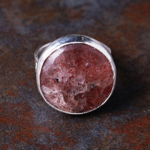 Handcrafted Round Red Aventurine Stamped Sterling Silver Ring 01