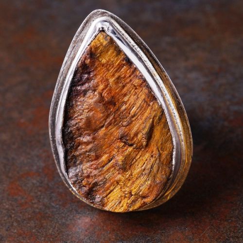 Handcrafted stamped sterling silver teardrop rough top Golden Tigers Eye ring