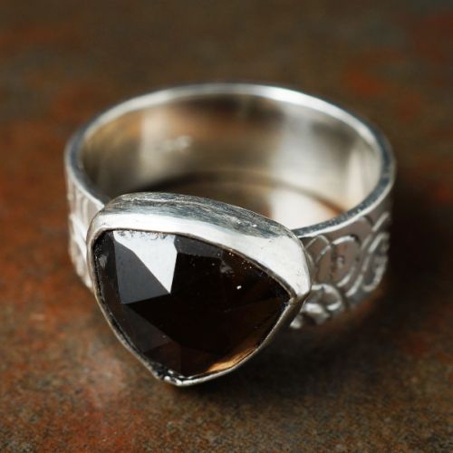 Handcrafted Triangular Faceted Smokey Quartz Sterling Silver Bezel Set Stamped Ring 01