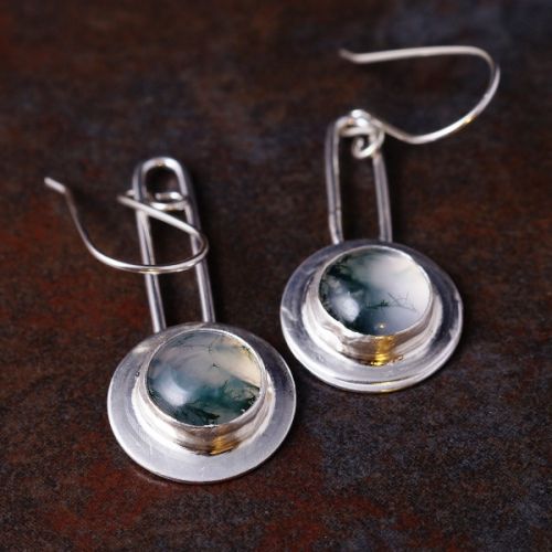 Handcrafted asymmetric sterling silver round bezel set Moss Agate dangle earrings 01