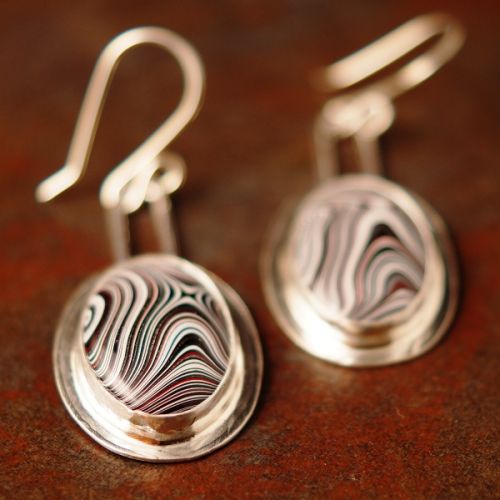 Handcrafted sterling silver bezel set oval Fordite earrings 