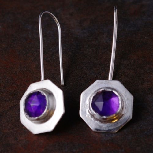 Handcrafted hexagonal Sterling Silver Bezel Set Round Faceted Amethyst Earrings 01