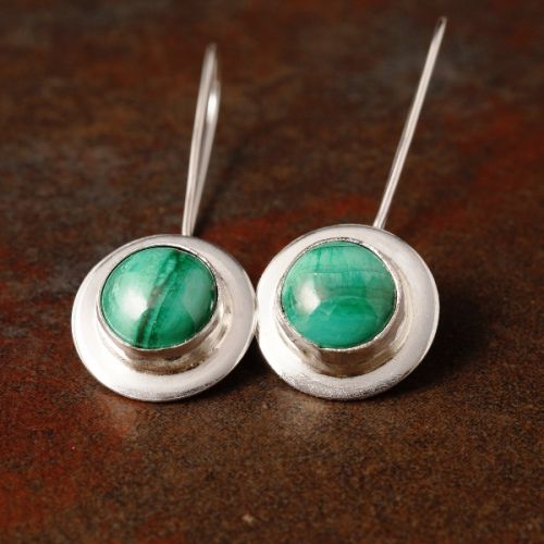 Handcrafted round sterling silver bezel set Malachite earrings 01
