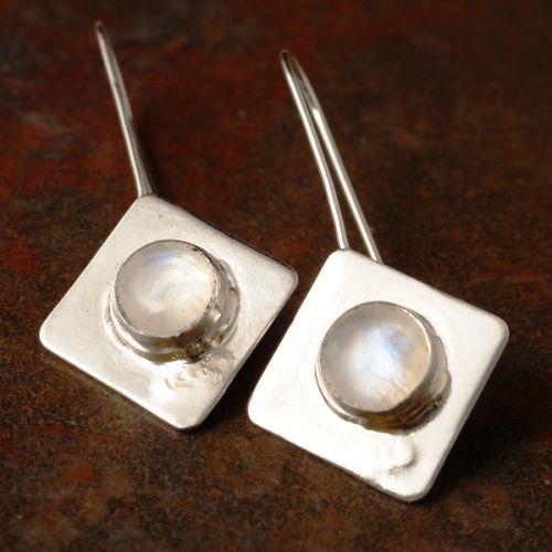 Handcrafted sterling silver diamond bezel set Rainbow Moonstone earrings 01