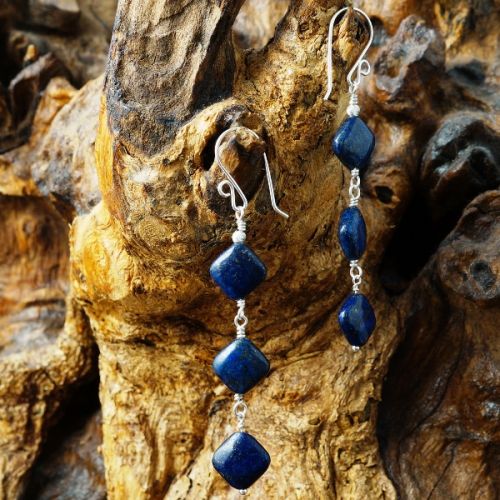 Handmade sterling silver wire wrapped diamond Lapis Lazuli Dangle Earrings 01 Full view
