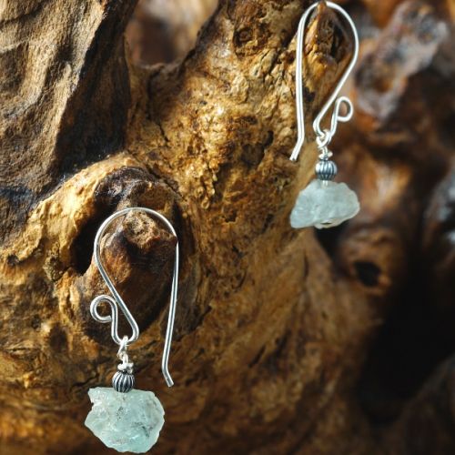 Handmade sterling silver wire wrapped Rough Aquamarine Earrings 01 