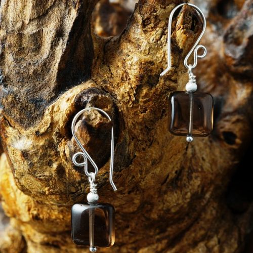 Handmade sterling silver wire wrapped square Smokey Quartz Earrings 02 Full View