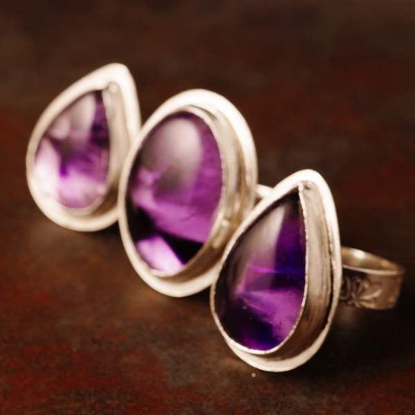 Joolzery handcrafted recycled fine and sterling silver bezel set Tripace Amethyst Rings