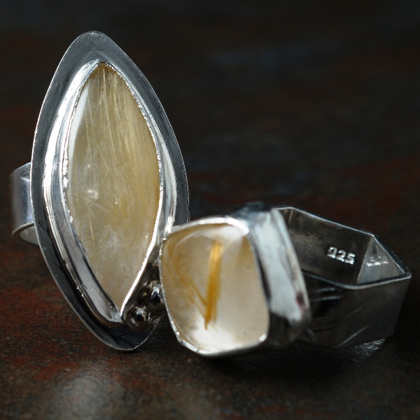 Handcrafted recycled sterling silver golden Rutile rings