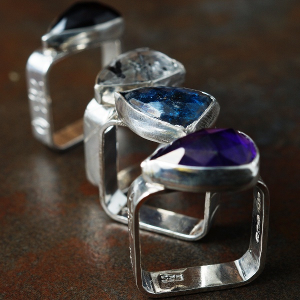 Handcrafted contemporary recycled fine and sterling silver shield gemstone square rings