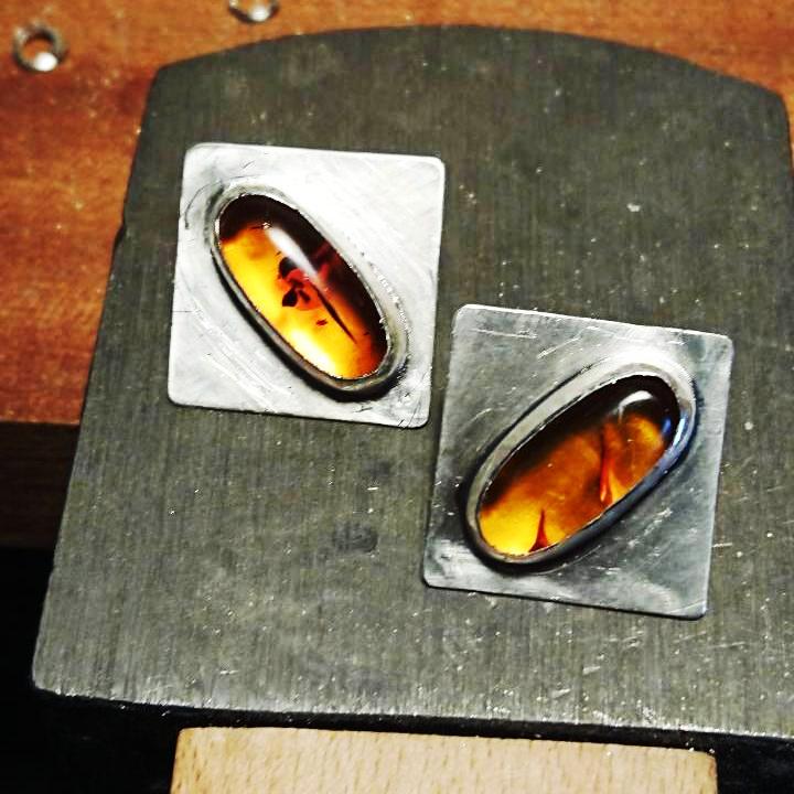 Handmade sterling silver bezel set amber damond studs