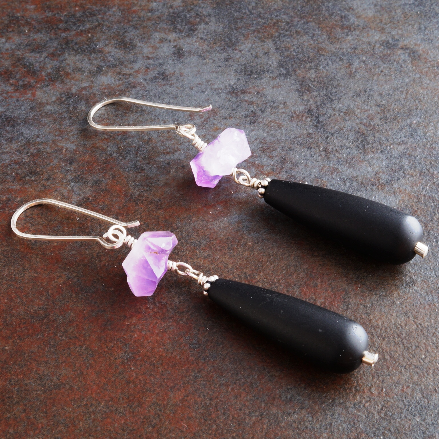 Handmade Sterling Silver Amethyst Black Onyx Earrings