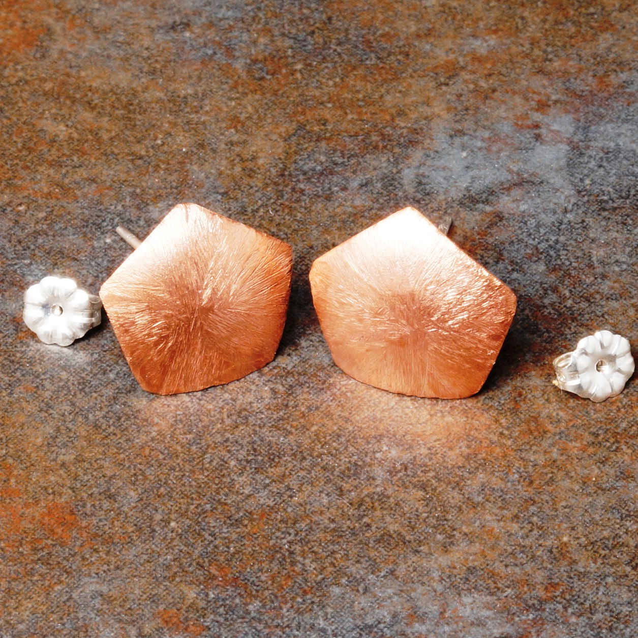 Handmade Convex Copper Pentagon etched studs