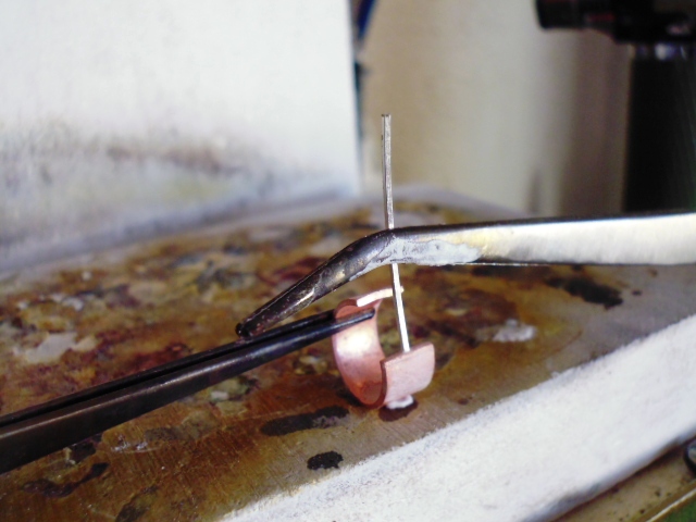 Copper Hoop Soldering preparation with tweezers