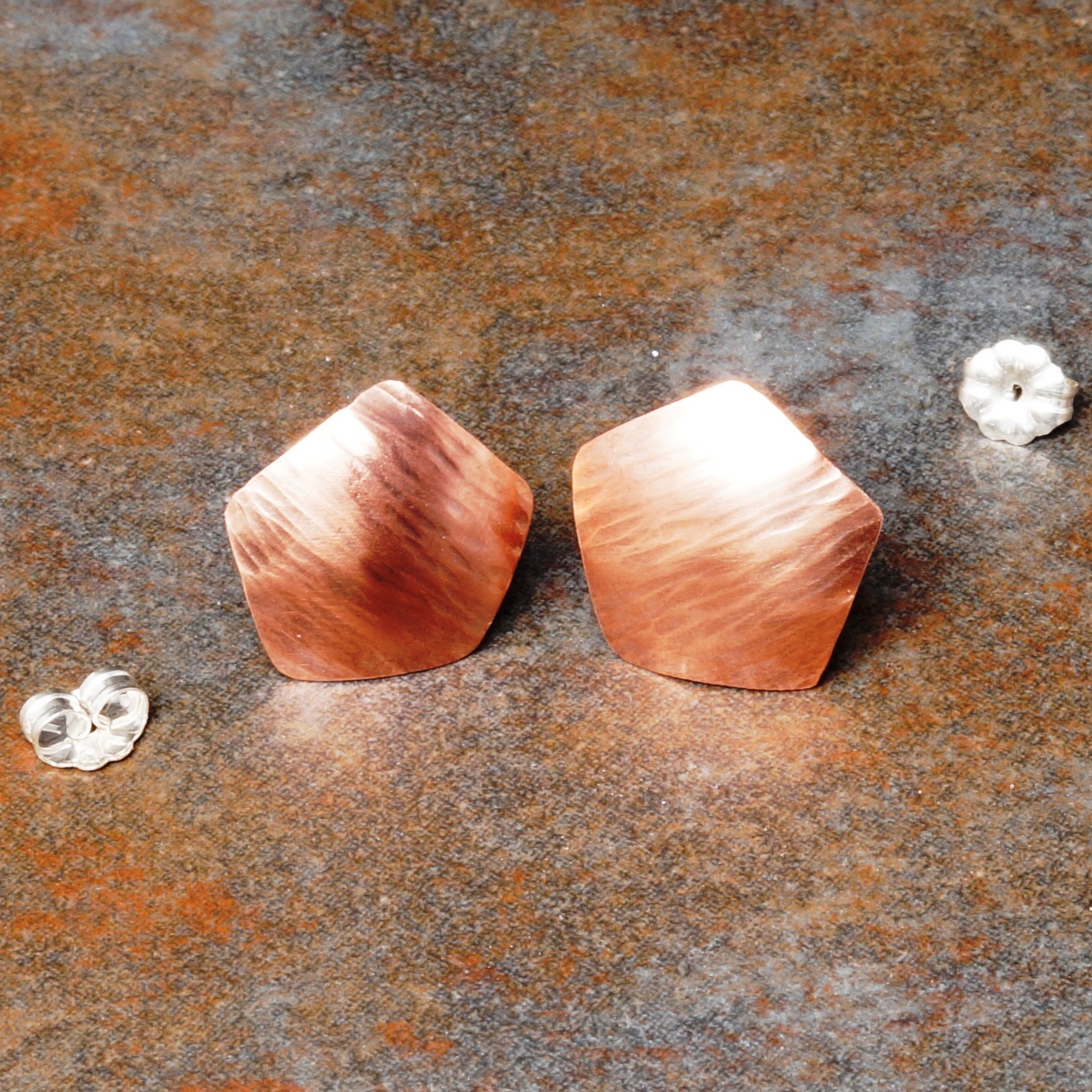 Handmade Copper Pentagonal Bark Textured Studs