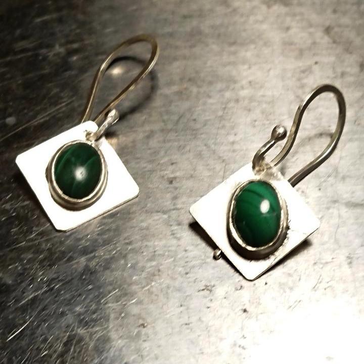 Handmade sterling silver bezel set Malachite Earrings