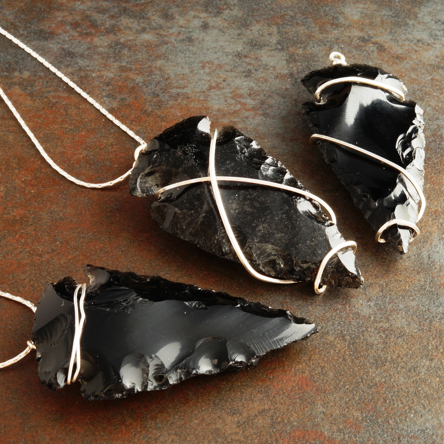 Handmade Freeform Sterling Silver wire wrapped Obsidian Arrowhead Pendants