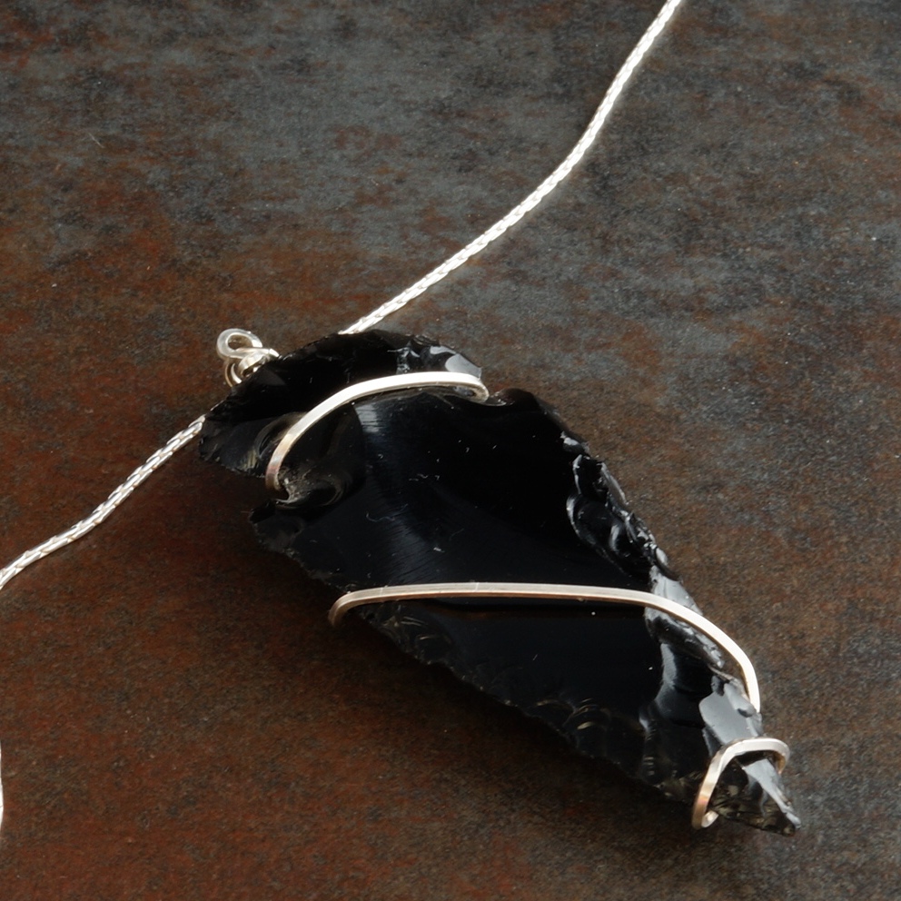 Handmade Sterling Silver freeform wire wrapped Obsidian Arrowhead Pendant 03