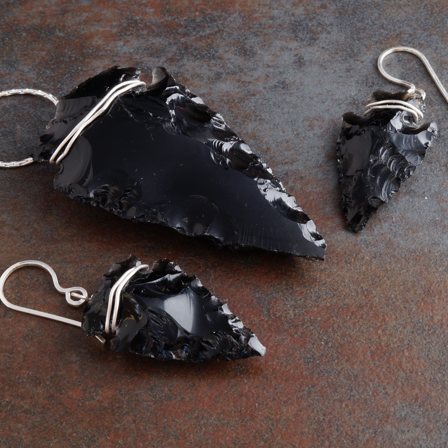 Handmade Sterling Silver free form wire wrapped Obsidian Arrowhead Collection 02