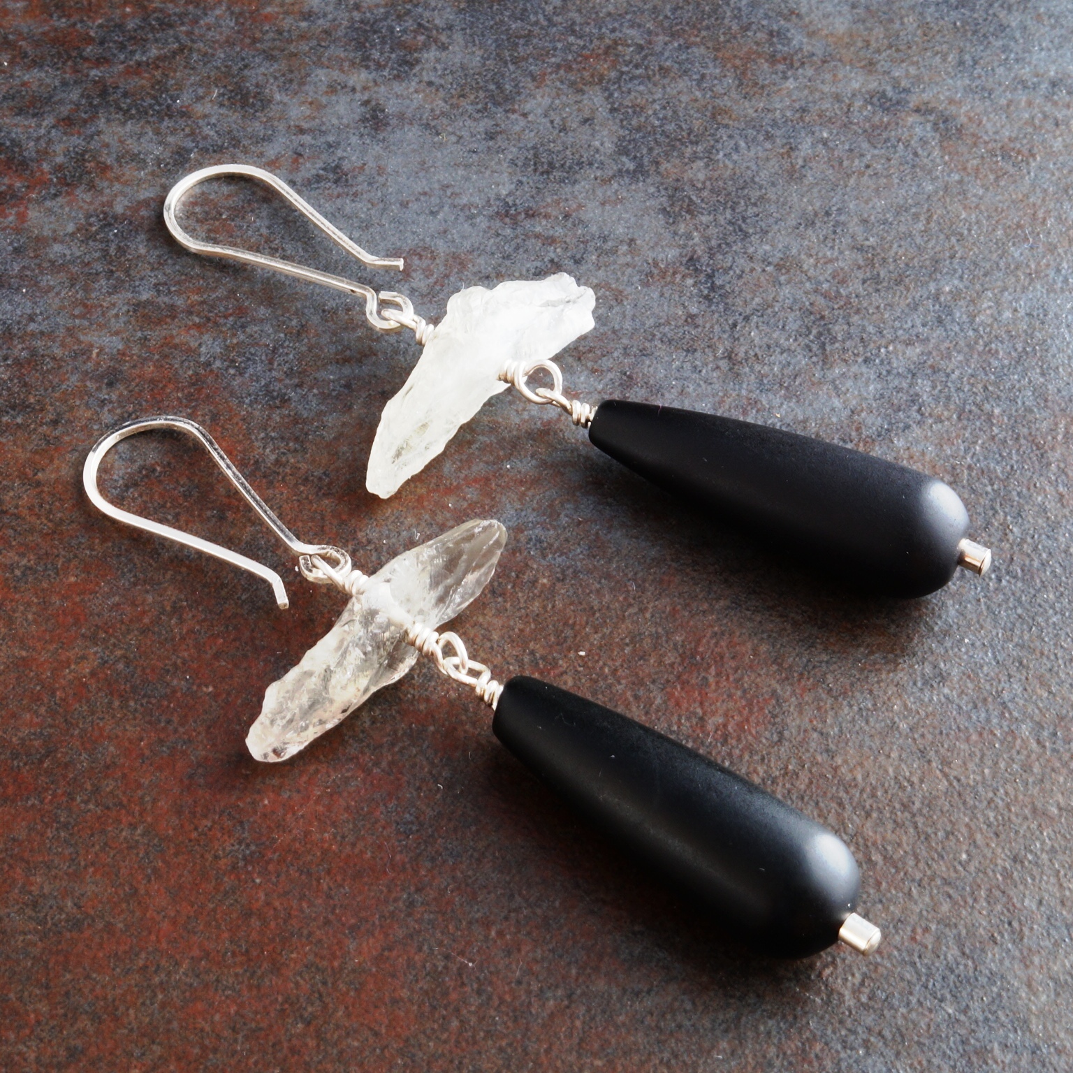 Handmade Sterling Silver Quartz Black Onyx Earrings