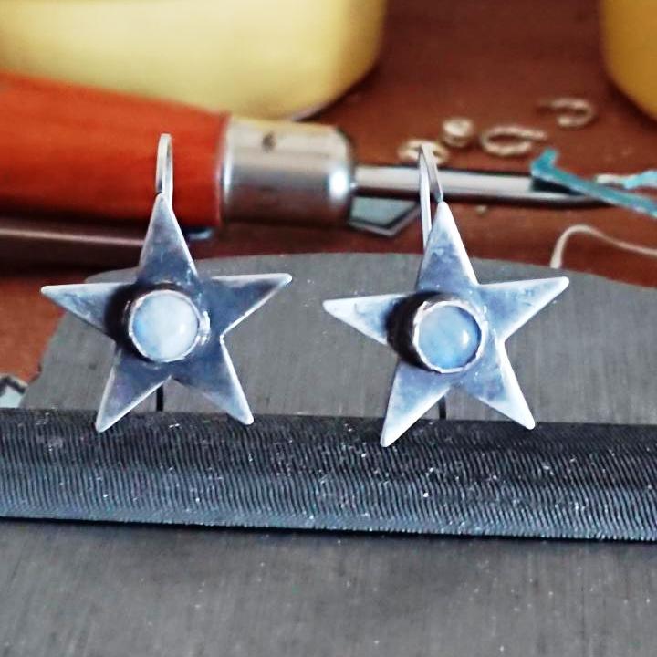 Handmade oxidised sterling silver rainbow moonstone bezel set earrings