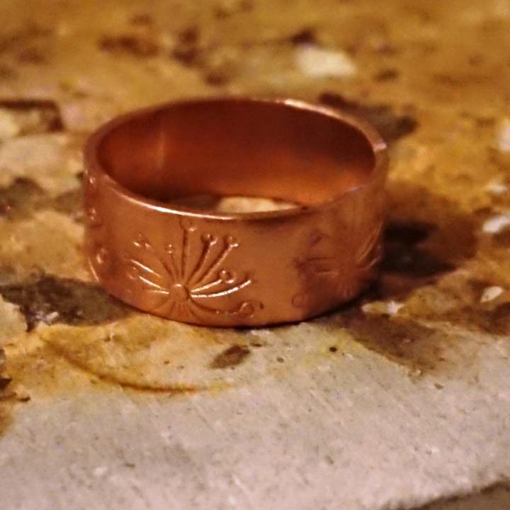 Polished handmade dandelion stamped copper stamped ring