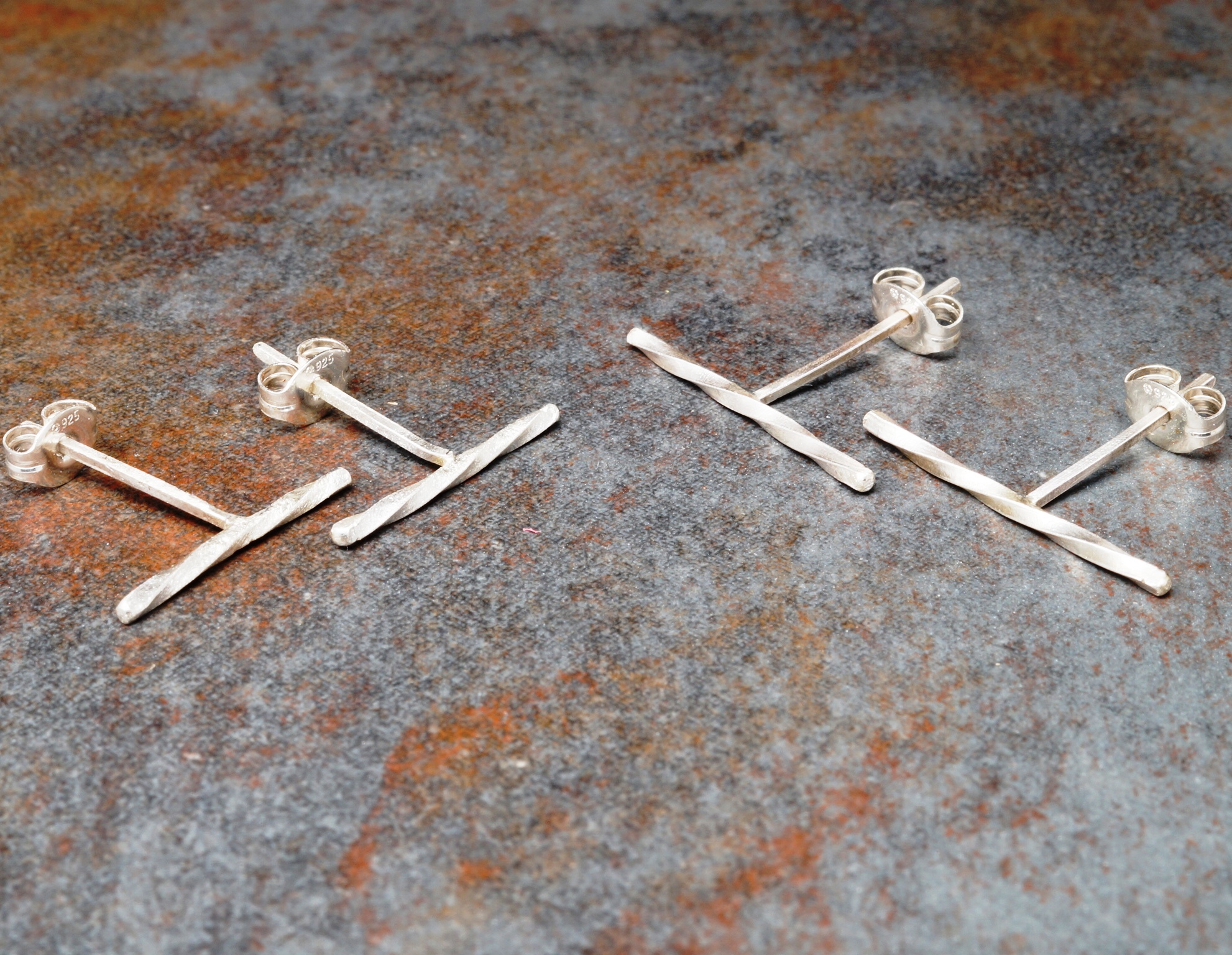 Handmade sterling silver twisted bar studs