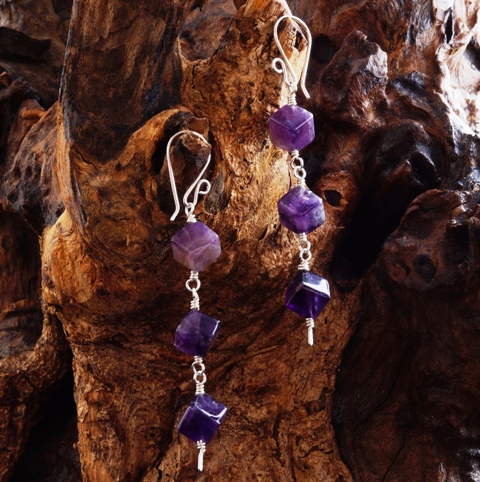 Handmade Amethyst Dangle Sterling Silver Earrings