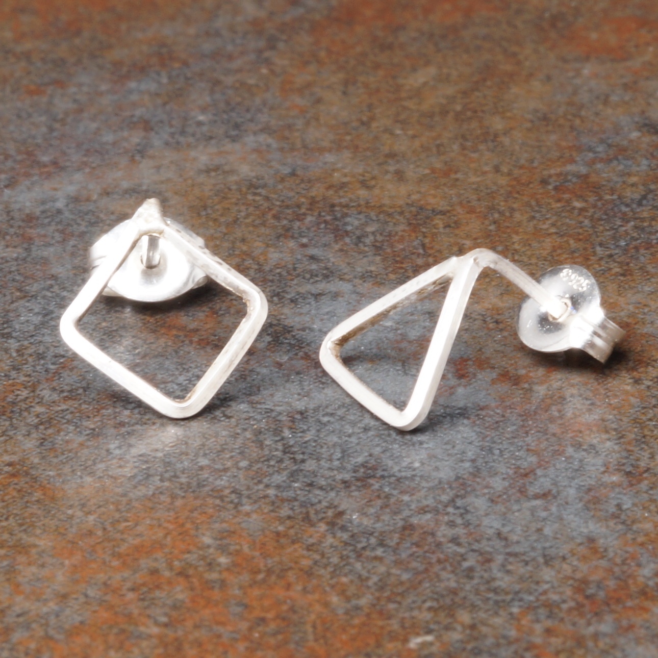 Handmade Sterling Silver Triangle Diamond Asymmetric Studs