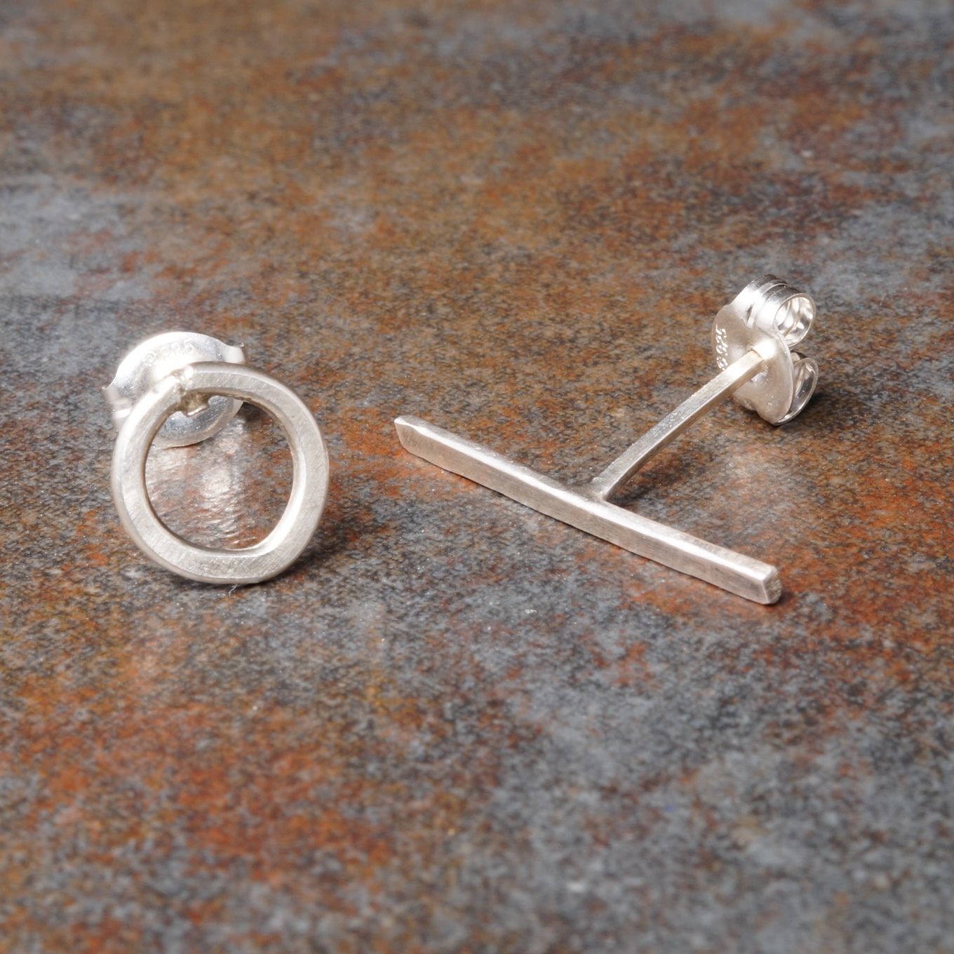 Handmade Sterling SIlver Round T- Bar Asymmetric Studs