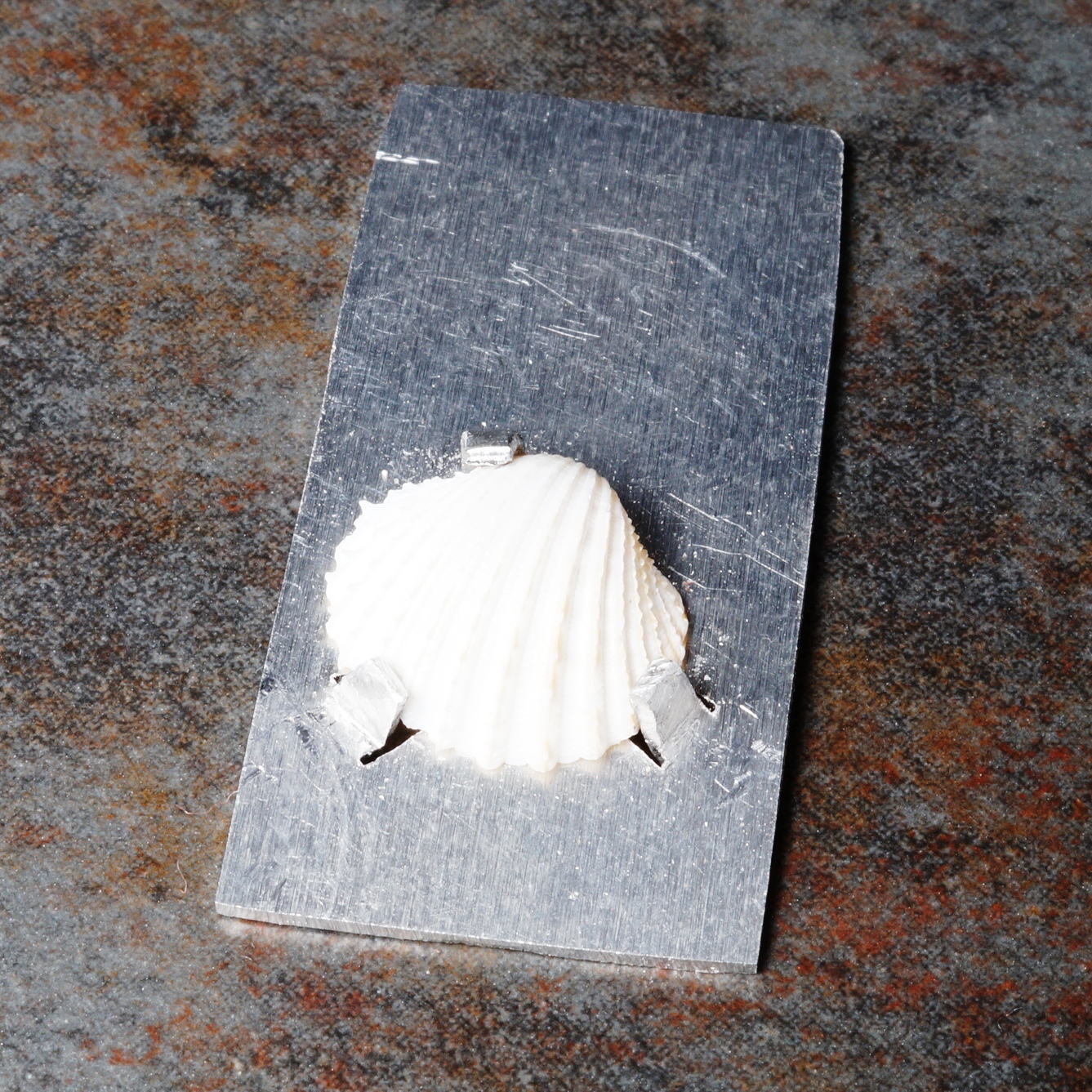 Claw setting shell on an aluminium pendant