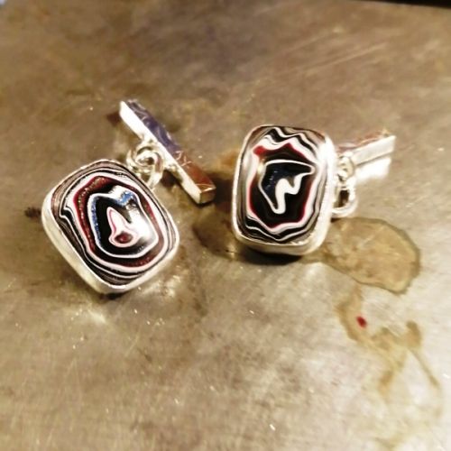 Commission handcrafted fine and sterling silver bezel Blue Fordite cuffllinks