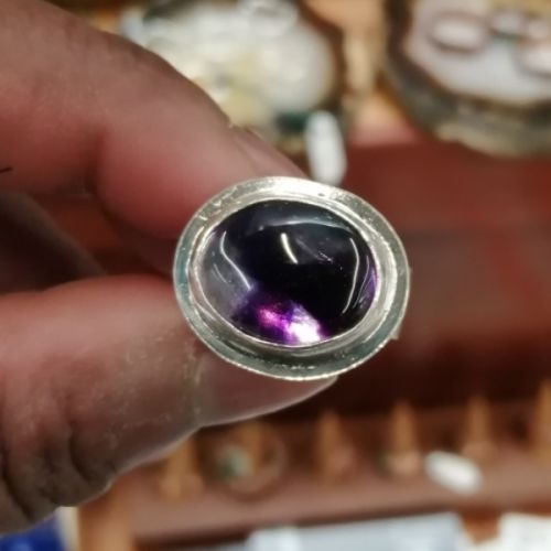 Handcrafted recycled fine and sterling silver bezel set oval tripache Amethyst octagonal stamped ring