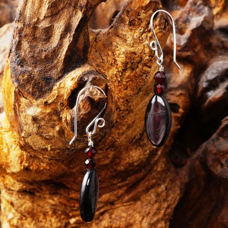 Elegantly sexy Garnet and Hypersthene dangle earrings, perfect for date night or a special occassion