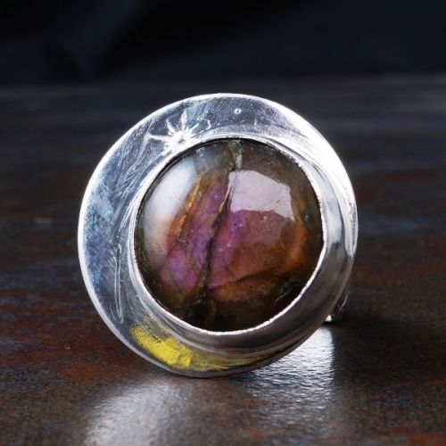 Contemporary handcrafted recycled fine and sterling silver round purple orange bicolour Labradorite ring, for those who love to make a statement