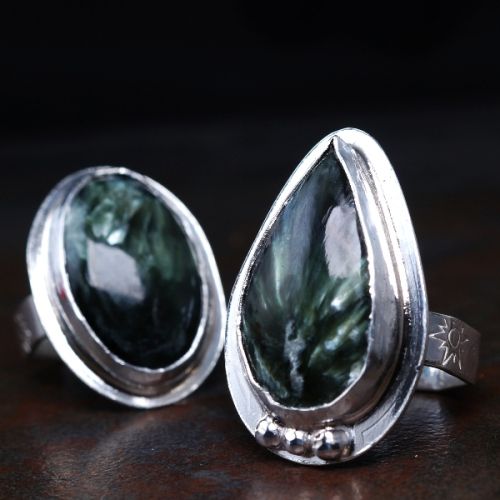 Handcrafted fine and sterling silver bezel set Seraphinite Oval and Teardrop rings