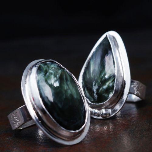 Handcrafted fine and sterling silver bezel set Seraphinite Oval and Teardrop rings