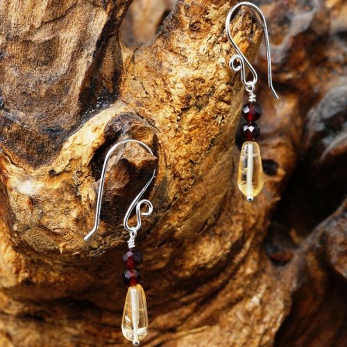 Handmade recycled sterling silver wire wrapped Garnet Citrine earrings