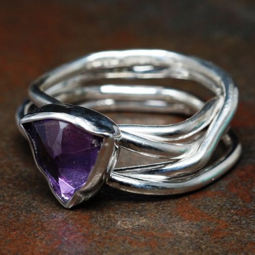 Handcrafted recycled sterling silver 3, 6, 9 Pink Amethyst Chaos Ring