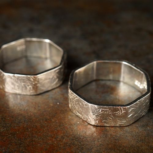 Commissioned Handcrafted Sterling Silver Textured Octangonal Wedding Rings