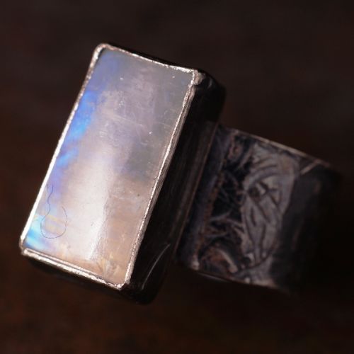 Handcrafted oxidised rainbow moonstone ring