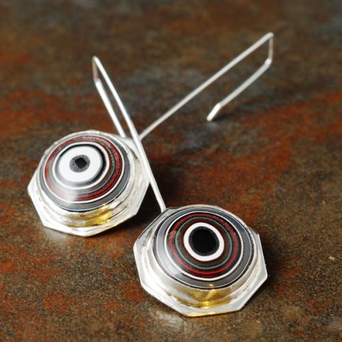 Contemporary handcrafted recycled sterling silver Fordite Earrings
